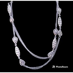 Vtg ROGET Long Mod Filigree & Embossed HEART Station Chain Versatile Necklace